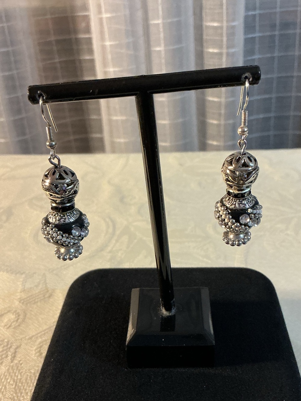 Black Enamel with Rhinestone Accents Silver Tone Drop Earrings